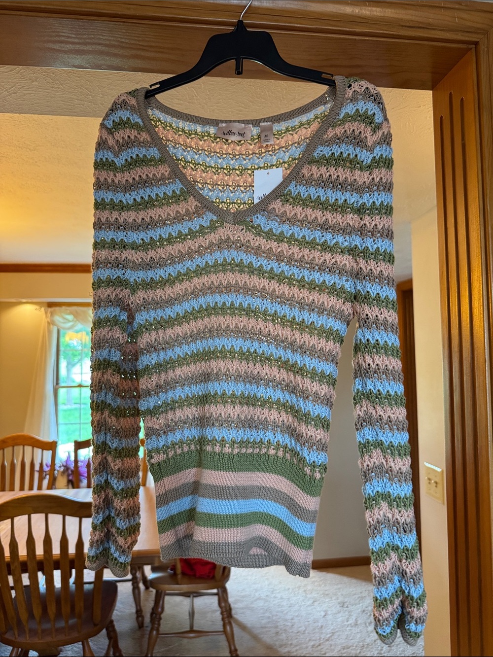 soft surroundings V-Neck Stripe Open-Knit Sweater in Pastel Blue, Pink & Green